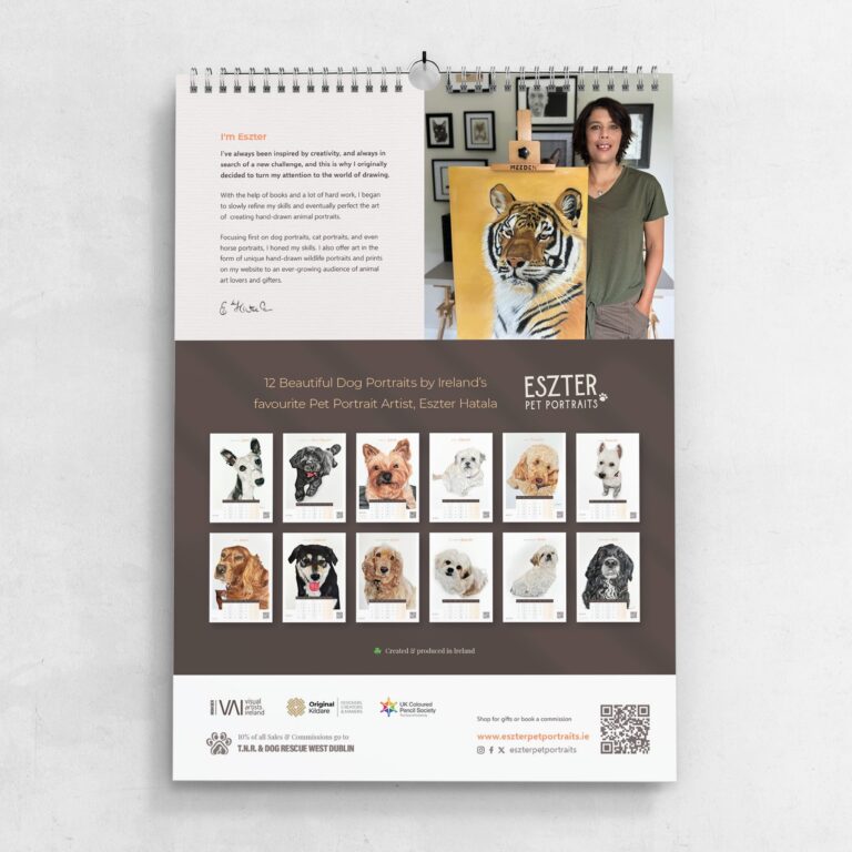 Dog Calendar 2026 by pet portrait artist Eszter Hatala.