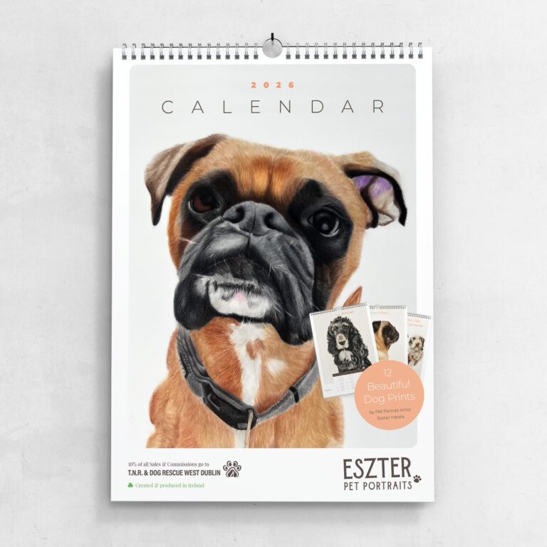 Dog Calendar 2026 by pet portrait artist Eszter Hatala.